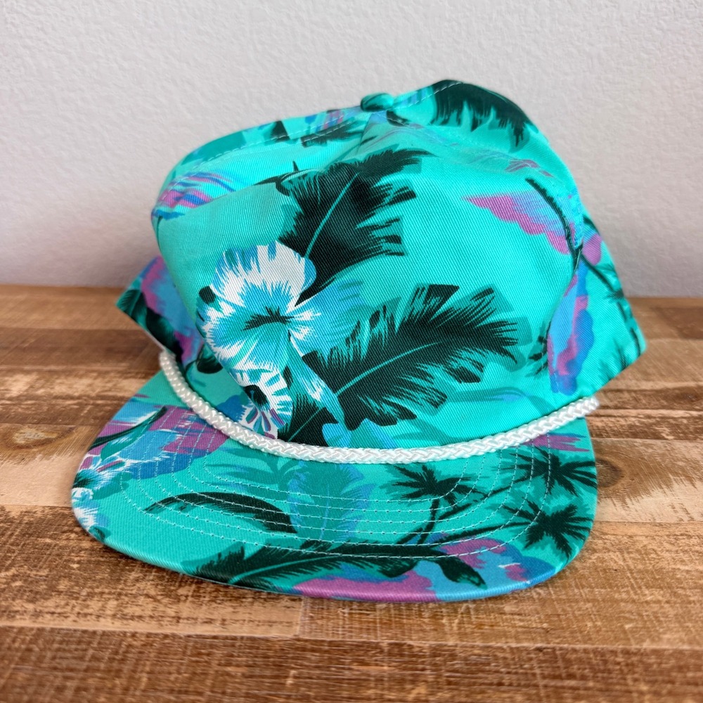 Vintage Tropical Hawaiian Trucker Hat Mens OS Teal Floral Print Rope Snapback
